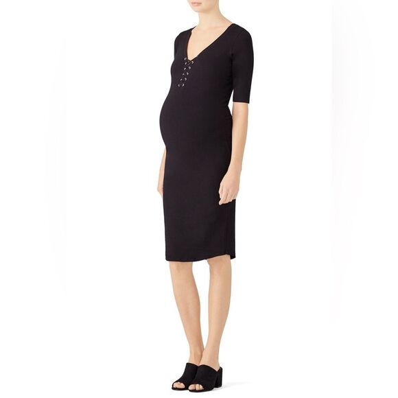 Monrow Black lace up Midi Maternity Dress size small EUC - Picture 1 of 7